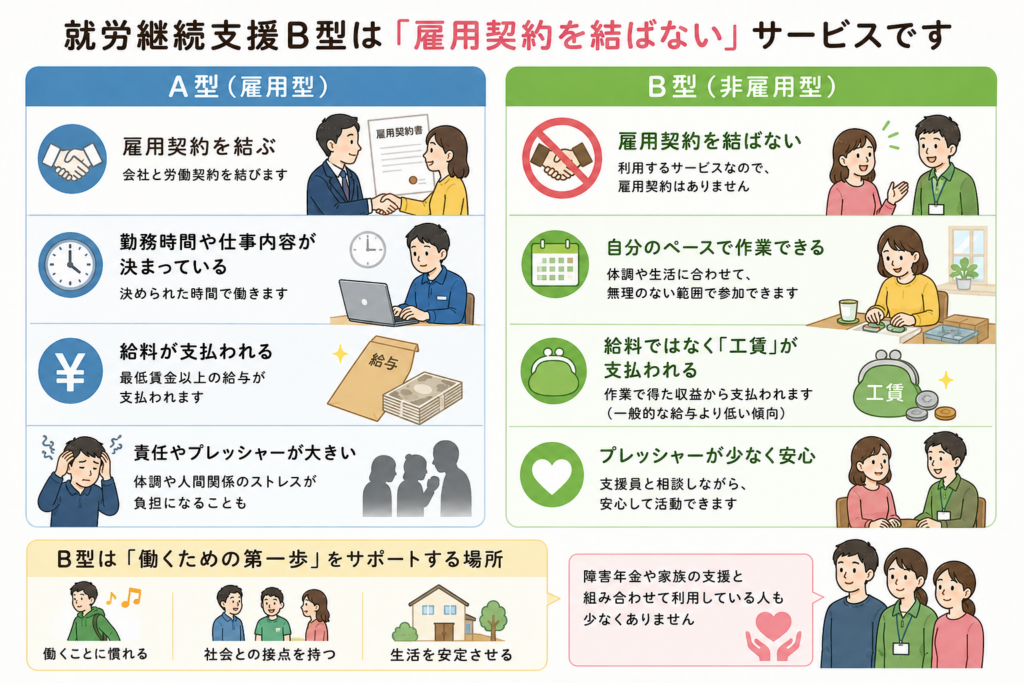 就労継続支援B型は、一般的な会社やアルバイトとは異なり、「雇用契約」を結ばずに利用するサービスです。